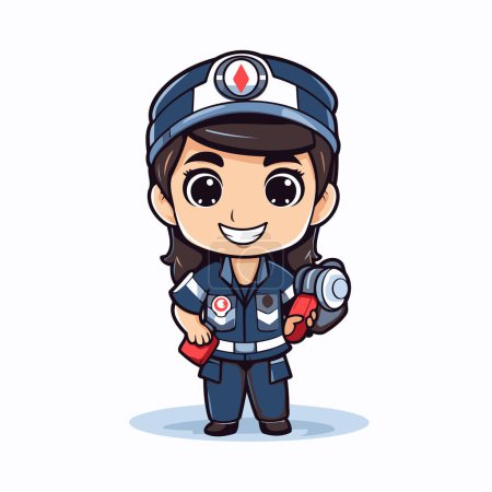 Illustration for Cute girl firefighter in uniform with fire extinguisher vector illustration. - Royalty Free Image