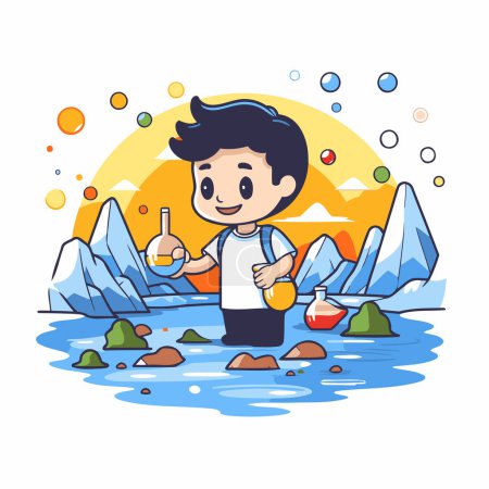Illustration for Boy with a flask in hand on the background of mountains. Vector illustration. - Royalty Free Image