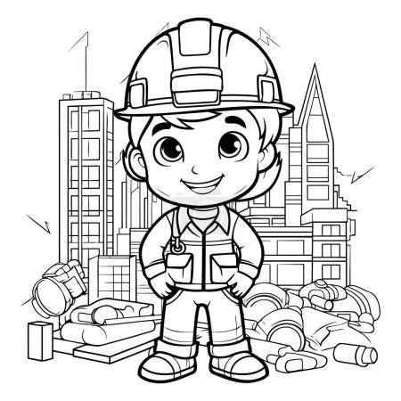 Téléchargez les illustrations : Dessin animé noir et blanc illustrant un petit pompier ou un personnage de pompier pour un livre à colorier - en licence libre de droit