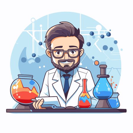 Illustration for Scientist man working in laboratory. Vector illustration in cartoon style. - Royalty Free Image