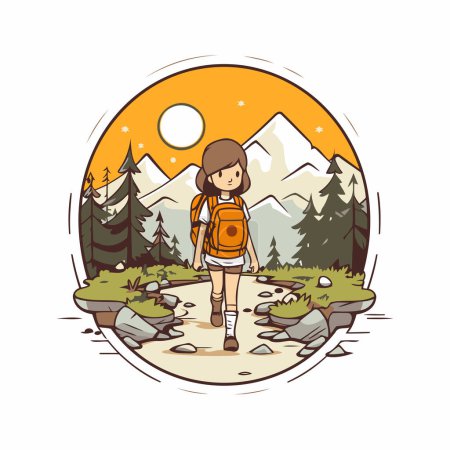 Illustration for Hiking girl with backpack in the mountains. Vector illustration in cartoon style. - Royalty Free Image