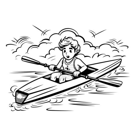 Illustration for Boy rowing on a kayak. black and white vector illustration - Royalty Free Image