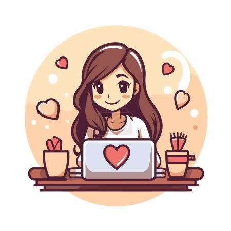 Illustration for Cute girl working on laptop at home. cartoon vector illustration. - Royalty Free Image