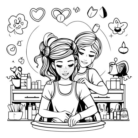Illustration for Mother and daughter doing manicure together. black and white vector illustration. - Royalty Free Image