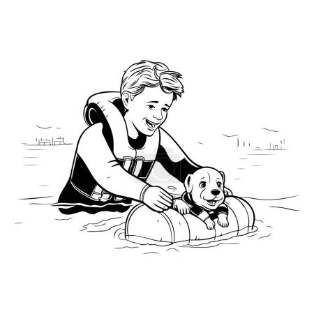 Illustration for Man swimming with a dog on an inflatable circle. Vector illustration. - Royalty Free Image