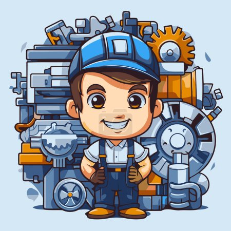Illustration for Cute cartoon mechanic boy with tools. Vector illustration for your design - Royalty Free Image