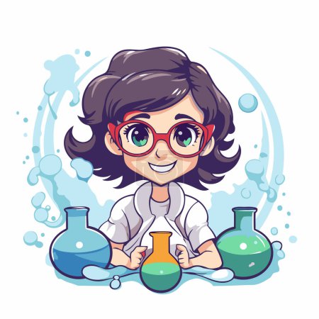 Illustration for Cute little girl scientist in glasses with chemical flasks. Vector illustration. - Royalty Free Image
