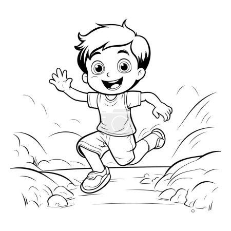 Illustration for Little boy running in the mountains. Black and white vector illustration. - Royalty Free Image