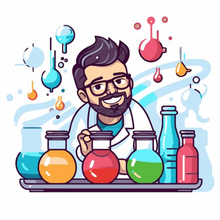 Illustration for Scientist with chemical test tubes. Vector illustration in cartoon style. - Royalty Free Image