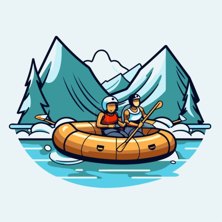 Illustration for Couple kayaking in the mountains. Vector illustration in flat style - Royalty Free Image