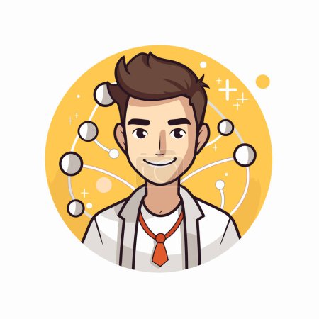 Illustration for Scientist in round icon. Vector illustration of man in lab coat. - Royalty Free Image