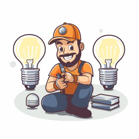Illustration for Cartoon worker with lightbulbs. Vector illustration in cartoon style. - Royalty Free Image