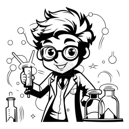 Illustration for Black and White Cartoon Illustration of a Chemist or Scientist Holding a Flask - Royalty Free Image