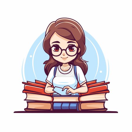 Ilustración de Linda niña en gafas sentada en un montón de libros. Ilustración vectorial. - Imagen libre de derechos