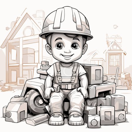 Téléchargez les illustrations : Mignon dessin animé garçon dans un casque de construction se trouve sur un camion jouet - en licence libre de droit