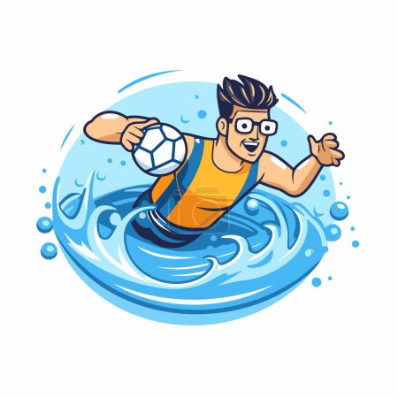 Illustration for Soccer player with ball in the water. Cartoon vector illustration. - Royalty Free Image
