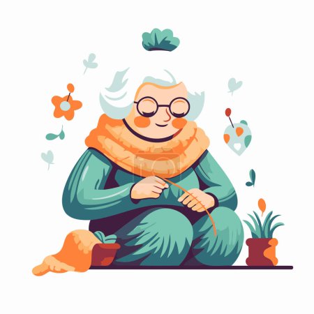 Illustration for Elderly woman sitting on the floor and knitting. Vector illustration - Royalty Free Image