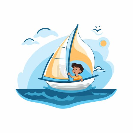 Téléchargez les illustrations : Mignon petit garçon sur voilier vecteur Illustration sur fond blanc - en licence libre de droit