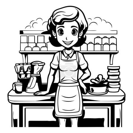 Téléchargez les illustrations : Cafetière avec machine à café. Illustration vectorielle noir et blanc. - en licence libre de droit