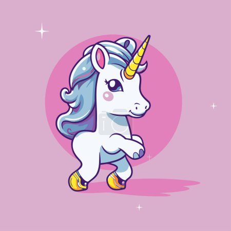 Ilustración de Lindo unicornio de dibujos animados sobre fondo púrpura. Ilustración vectorial para niños. - Imagen libre de derechos