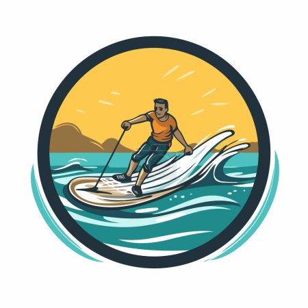 Illustration for Vector illustration of a man wakeboarding on a surfboard in the sea. - Royalty Free Image
