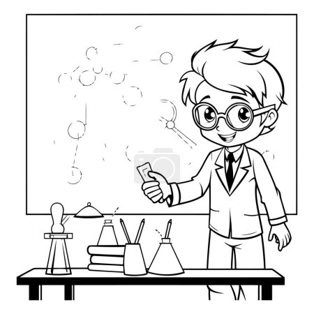 Illustration for Black and White Cartoon Illustration of a Scientist or Professor Doing a Science Experiment - Royalty Free Image