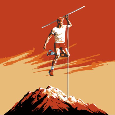 Illustration for Athlete on the top of the mountain. Vector illustration. - Royalty Free Image