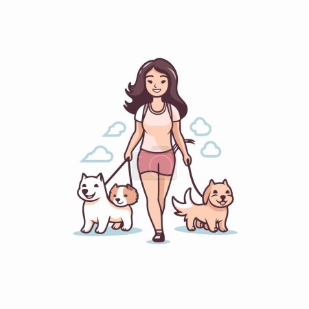 Illustration for Woman walking with her dogs. Vector illustration in cartoon style on white background. - Royalty Free Image