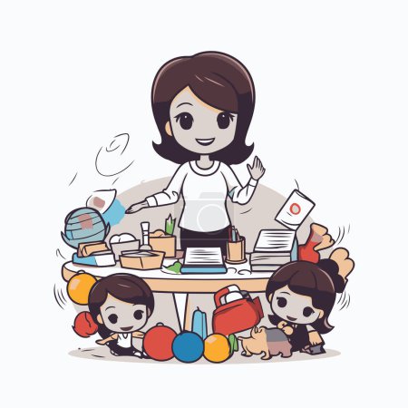 Illustration for Teacher at the desk with school supplies. Vector illustration in cartoon style. - Royalty Free Image