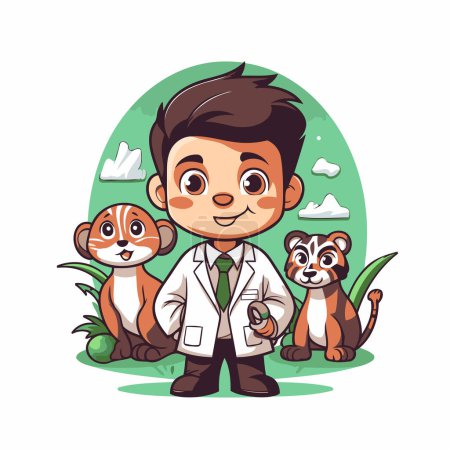 Ilustración de Ilustración vectorial de un niño pequeño en una bata de laboratorio con un grupo de animales - Imagen libre de derechos