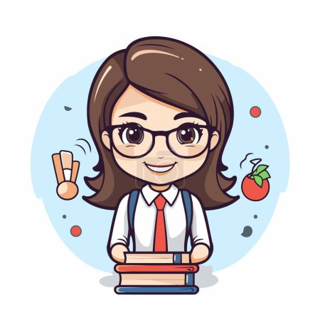Illustration for Cute little girl student in glasses holding books and smiling. Vector illustration. - Royalty Free Image