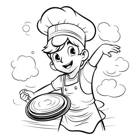Téléchargez les illustrations : Illustration de dessin animé noir et blanc d'un petit garçon chef tenant une casserole ou une assiette pour un livre à colorier - en licence libre de droit