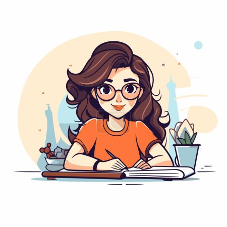 Illustration for Cute girl in glasses sitting at the table with books. Vector illustration. - Royalty Free Image