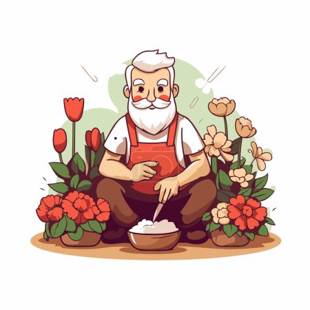 Vector illustration of an elderly man with a beard in a red apron and apron sits in the garden with flowers. Cartoon style.