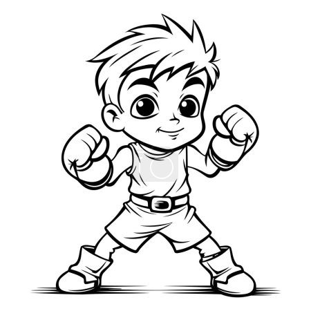 Téléchargez les illustrations : Boxe garçon - Illustration de bande dessinée en noir et blanc. Clip Art vectoriel - en licence libre de droit