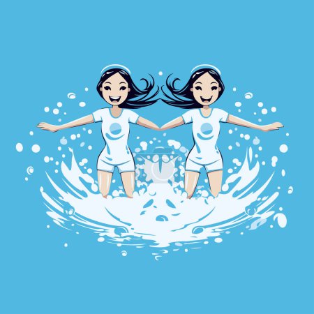 Illustration for Two girls swimming in the sea with splashes of water. Vector illustration. - Royalty Free Image