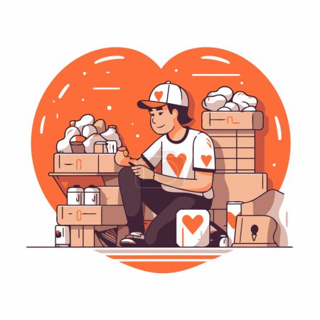 Illustration for Vector illustration of a delivery man with boxes in the form of heart - Royalty Free Image