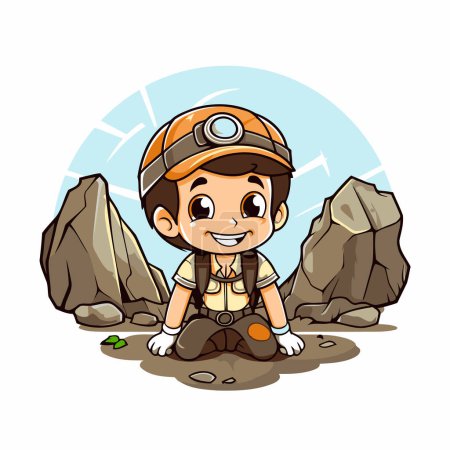 Ilustración de Lindo boy scout sentado en las rocas. Dibujos animados vector ilustración. - Imagen libre de derechos