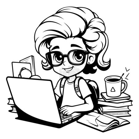 Téléchargez les illustrations : Étudiante mignonne étudiant avec ordinateur portable Illustration de bande dessinée noir et blanc. Vecteur - en licence libre de droit
