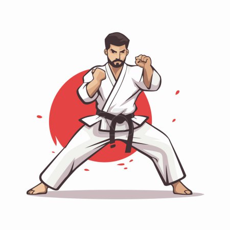 Illustration for Karate man in white kimono and black belt. Vector illustration. - Royalty Free Image