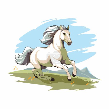 Téléchargez les illustrations : Illustration vectorielle d'un cheval blanc courant sur une prairie verte. - en licence libre de droit