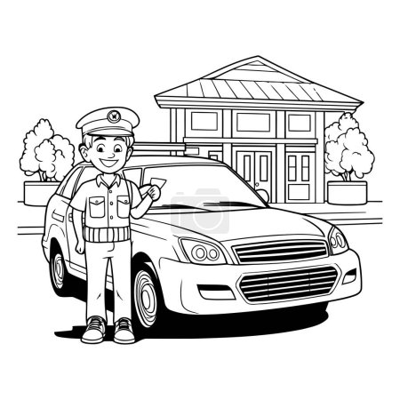 Ilustración de Policía hombre con policía coche de dibujos animados vector ilustración diseño gráfico en blanco y negro - Imagen libre de derechos