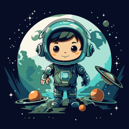 Illustration for Cute boy astronaut in space with planets and stars. vector illustration - Royalty Free Image