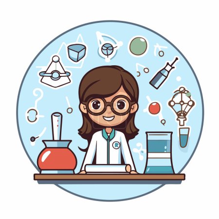 Illustration for Cartoon scientist girl with science icons on the background. Vector illustration. - Royalty Free Image