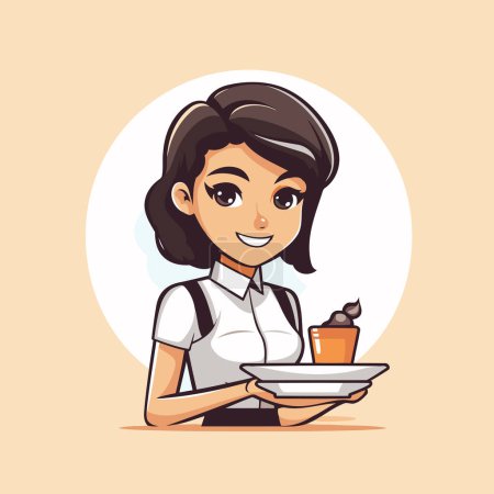 Téléchargez les illustrations : Jolie serveuse avec une assiette de crème glacée. Illustration vectorielle. - en licence libre de droit
