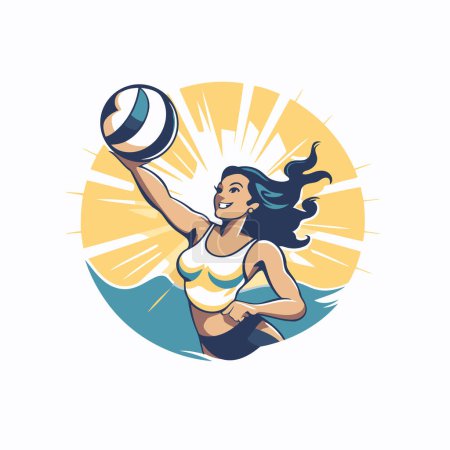 Illustration for Beach volleyball player girl with ball. Vector illustration in retro style - Royalty Free Image