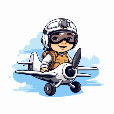 Téléchargez les illustrations : Illustration vectorielle d'un garçon pilote dans un casque avec un avion jouet - en licence libre de droit