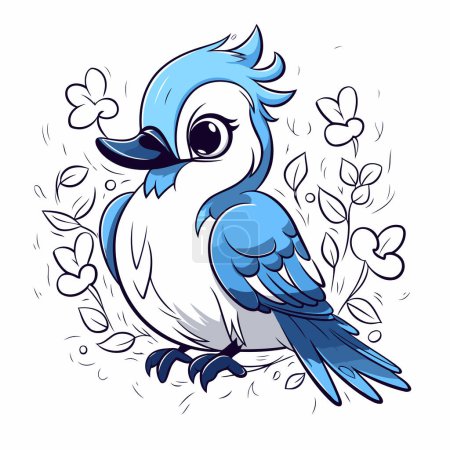 Téléchargez les illustrations : Mignon oiseau bleu dessin animé avec des fleurs et des feuilles. Illustration vectorielle. - en licence libre de droit