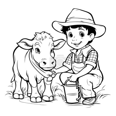 Téléchargez les illustrations : Cowboy et vache - illustration vectorielle noir et blanc pour livre à colorier - en licence libre de droit
