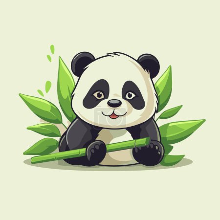 Illustration for Cute panda sitting with bamboo on green leaves background. Vector illustration. - Royalty Free Image